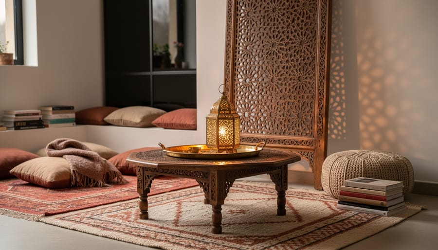 Moroccan-inspired living room corner with a low tea table, layered textiles, carved mashrabiya shadow patterns, and a warm metal lantern glow.
