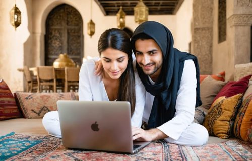 Couple using a laptop to plan AI-matched renovation financing in a Moroccan-inspired living room with zellige tile, brass lanterns, tadelakt walls, and a Berber rug, daylight filtering through a lattice window.