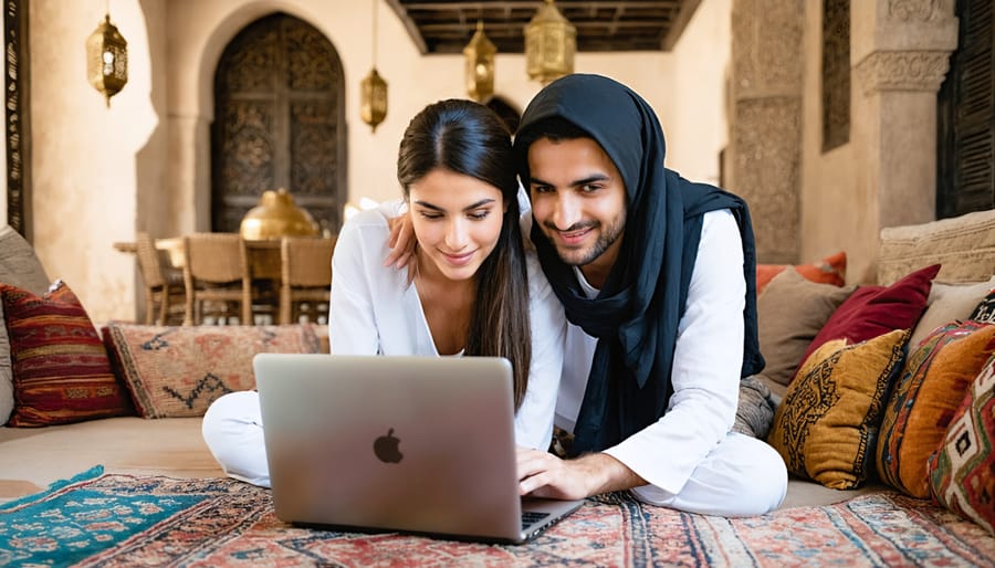 Couple using a laptop to plan AI-matched renovation financing in a Moroccan-inspired living room with zellige tile, brass lanterns, tadelakt walls, and a Berber rug, daylight filtering through a lattice window.