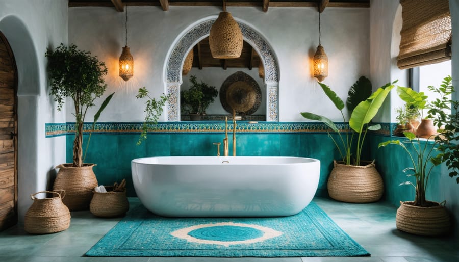 Completed Moroccan-inspired bathroom with zellige tiles, copper basin, and traditional architectural details