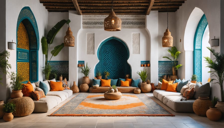 Luxurious Moroccan living room with zellige tiles, carved wooden screen, brass lantern, and colorful textiles