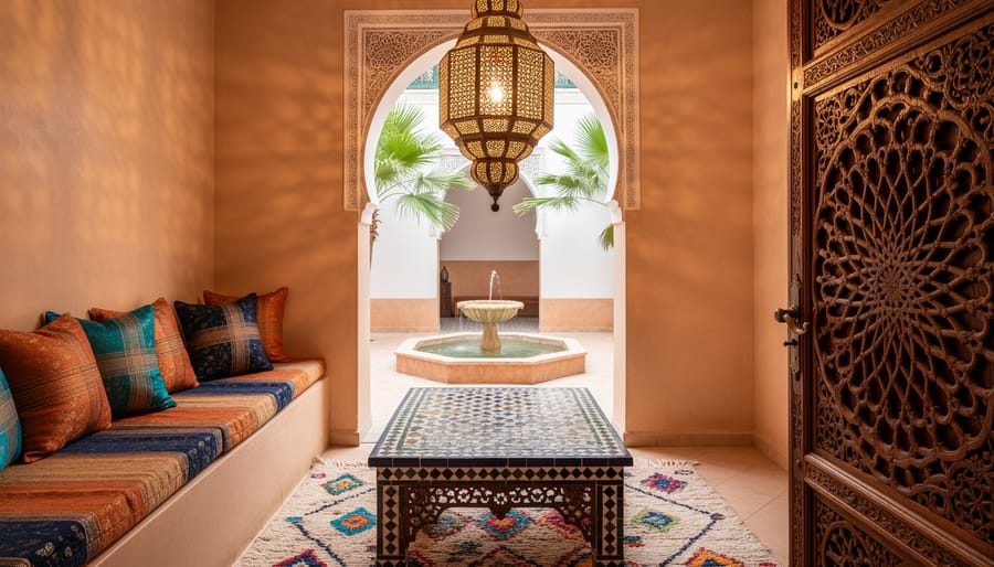 Eye-level photo of a Moroccan riad interior with a hand-pierced brass lantern illuminating tadelakt walls, a Fes-style zellige mosaic table, a carved cedar mashrabiya screen, and colorful Berber textiles; an arched courtyard with palm fronds and a small fountain appears beyond.