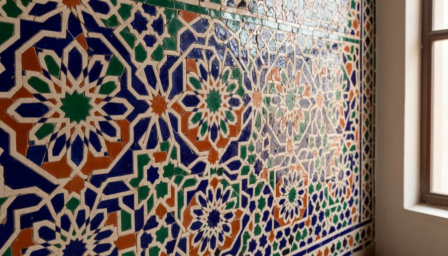 Close-up of traditional Moroccan zellige tile patterns in blue, green, and ivory geometric designs
