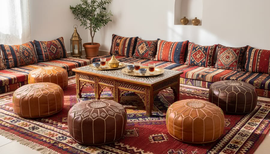 Overhead view of Moroccan floor seating with cushions, poufs, and low table with tea set