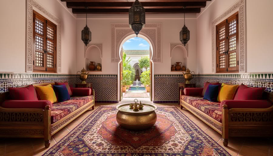 Traditional Moroccan riad living room with low seating, carved furniture, and layered textiles