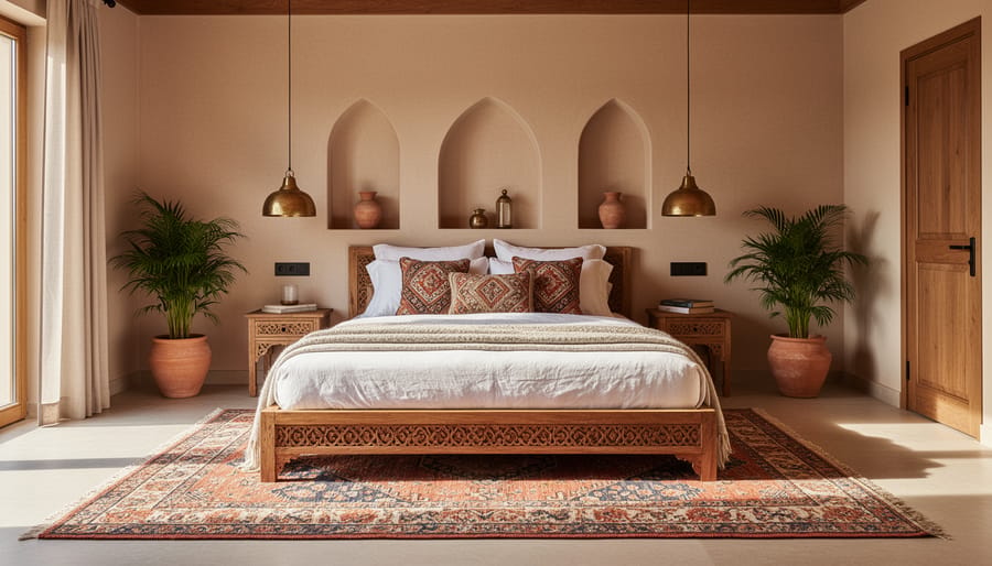 Bedroom staged with Moroccan-inspired bedding, carved wood furniture, and brass lighting fixtures