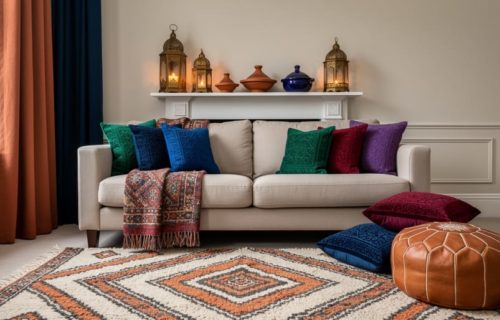 Neutral UK living room staged with Moroccan decor, including jewel-toned throws on a sofa, a berber rug, brass lanterns, ceramic tagines on a mantel, terracotta and deep-blue curtains around a sash window, and floor cushions with a pouf, lit by soft daylight and warm lantern glow.