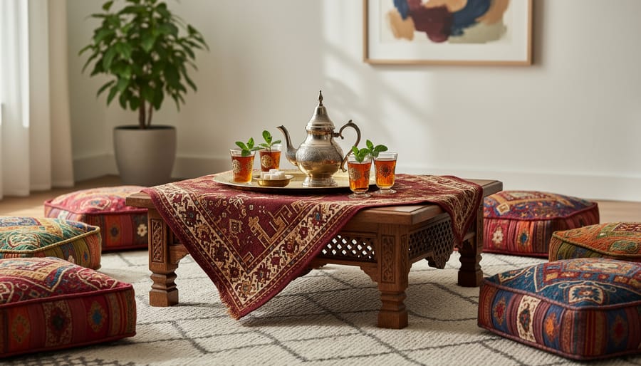 Styled Moroccan tea service display with traditional glasses, mint plant, and decorative textiles