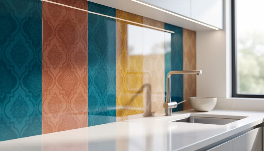Jewel-toned glass kitchen backsplash panels in a modern kitchen