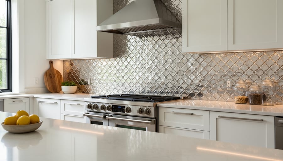 Kitchen backsplash made of reflective pressed metal panels and brass accents