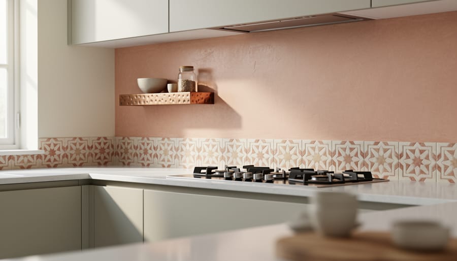 “Tadelakt lime plaster backsplash in a modern kitchen with Moroccan-style ceramic accents and copper/brass hammered metal detail.”
