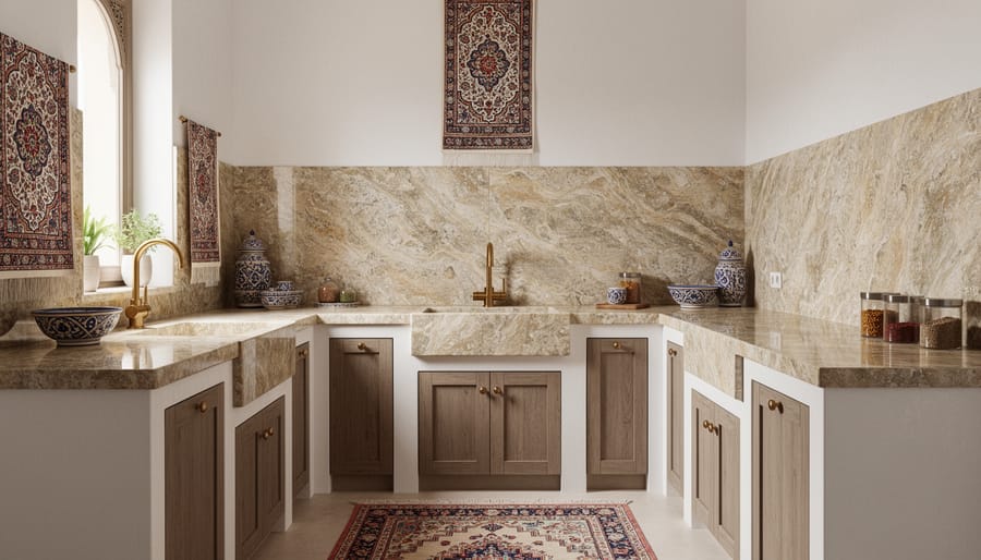 Natural stone slab backsplash with visible veining behind a kitchen cooktop