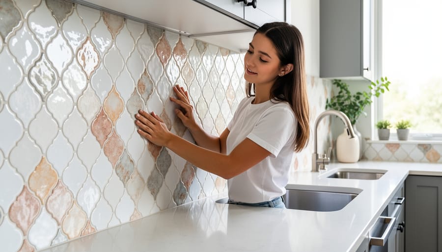 Peel-and-stick backsplash panel with Moroccan geometric pattern in a kitchen