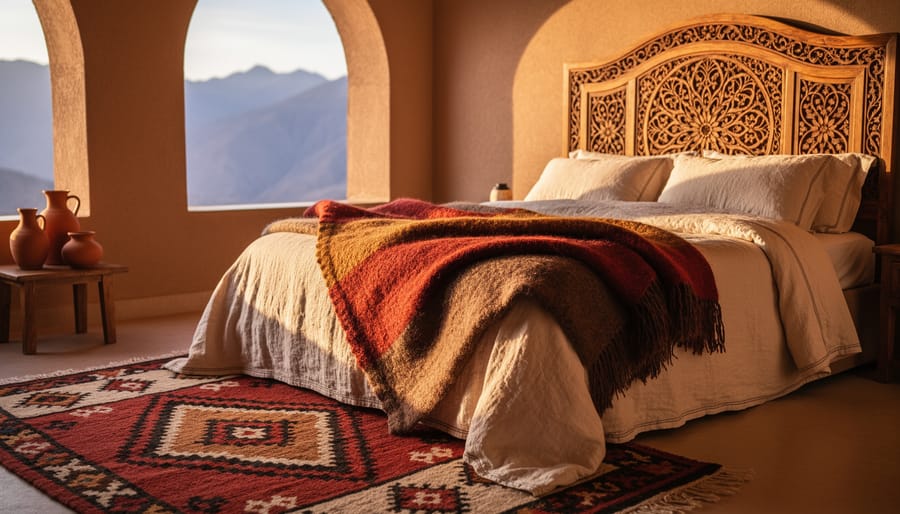 Cozy Atlas Mountains-inspired Moroccan bedroom corner with layered Berber textiles, a carved cedar headboard, and warm terracotta and ochre decor.