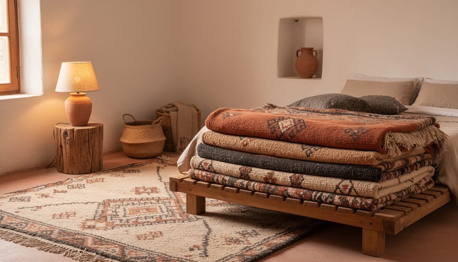 Cozy Moroccan bedroom seating with layered Berber textiles, a patterned rug, and warm earthy tones