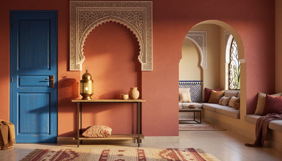 Moroccan-inspired interior with a deep terracotta/red accent wall, ornate archway details, and cobalt blue accents in warm golden light.