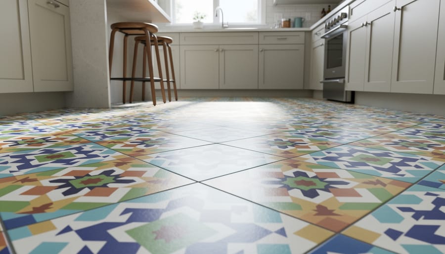 Kitchen floor made of ceramic Moroccan tiles with visible grout lines and Moroccan color accents