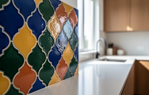 Close-up of colorful Moroccan zellige ceramic tiles with intricate geometric patterns in a modern kitchen backsplash.