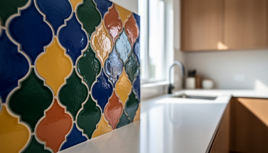 Close-up of colorful Moroccan zellige ceramic tiles with intricate geometric patterns in a modern kitchen backsplash.