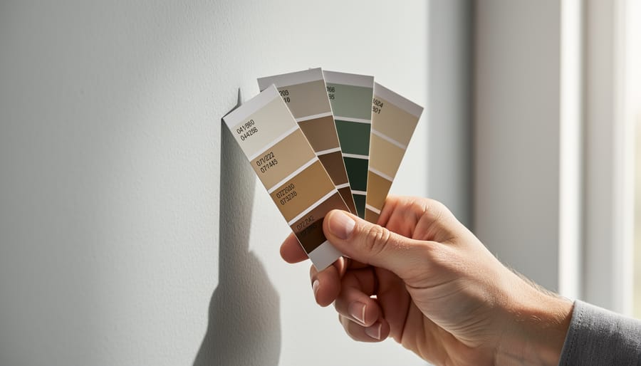 Hand comparing a color chip to a freshly painted wall in a Moroccan-style interior.