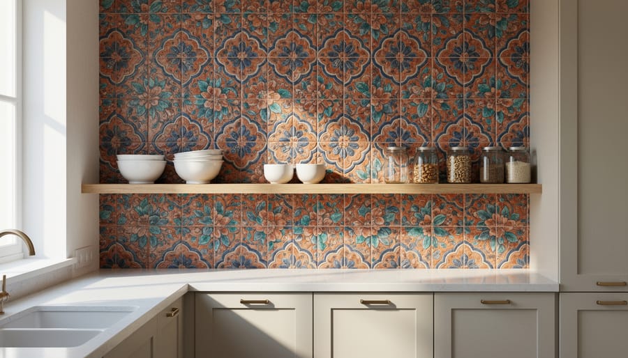 Kitchen niche featuring hand-painted floral and botanical ceramic Moroccan tiles