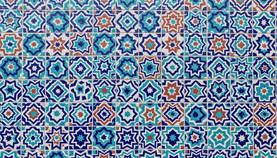 Front view of a geometric ceramic Moroccan tile backsplash with vibrant handcrafted zellige-style pattern