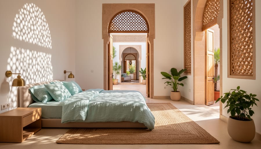 Riads-style Moroccan bedroom with white arches and light filtering through geometric lattice screens
