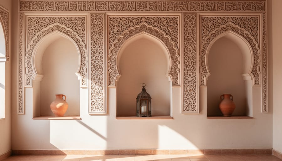 Close-up of Moroccan arched niches with carved plaster and warm zellige tile accents