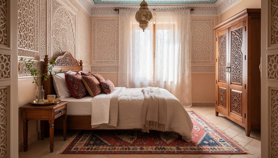 Moroccan bedroom with carved wooden bed, embroidered textiles, Berber rug, and warm zellige and tadelakt walls