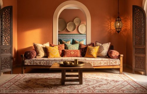 Moroccan-inspired bedroom with terracotta walls, carved wooden screen, patterned rug, layered embroidered cushions, brass accents, and a glowing pierced metal lantern.