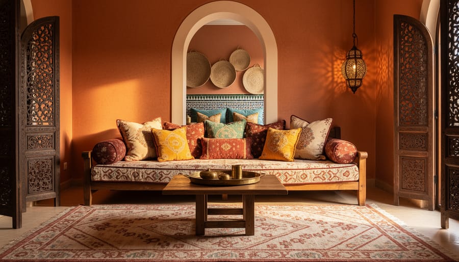 Moroccan-inspired bedroom with terracotta walls, carved wooden screen, patterned rug, layered embroidered cushions, brass accents, and a glowing pierced metal lantern.