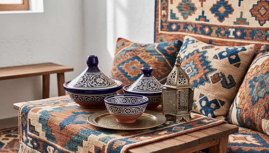 Close-up of Moroccan handcrafted items including Berber rug pattern, ceramic tagine bowl, and brass tray on a woven textile