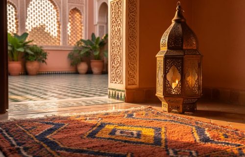 Warmly lit Moroccan riad interior with a hand-knotted Berber rug, brass lantern, horseshoe arch carved plasterwork, and zellige tile floor details.