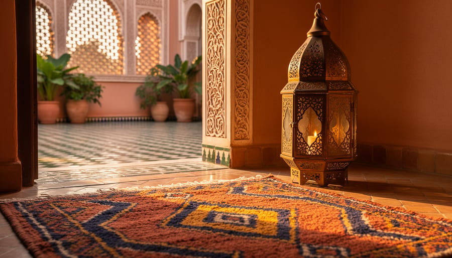 Warmly lit Moroccan riad interior with a hand-knotted Berber rug, brass lantern, horseshoe arch carved plasterwork, and zellige tile floor details.
