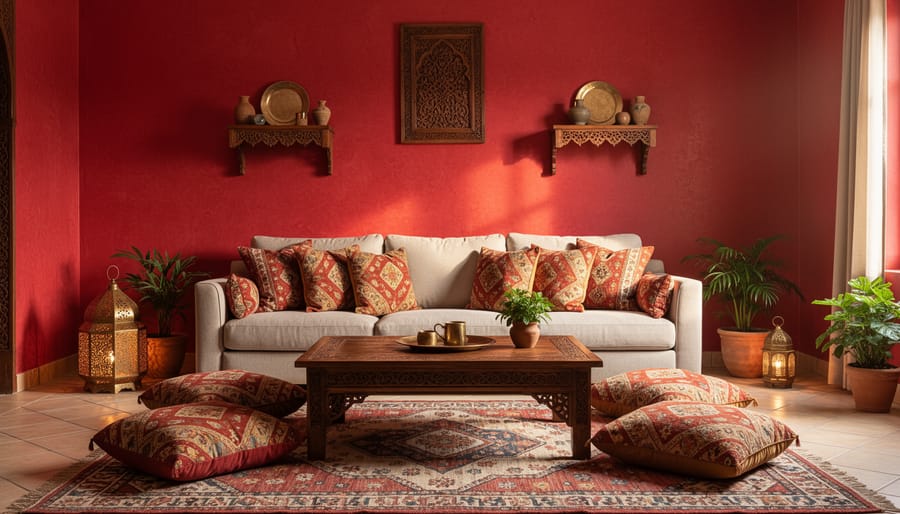 Moroccan-inspired living room with a terracotta accent wall and warm lighting.