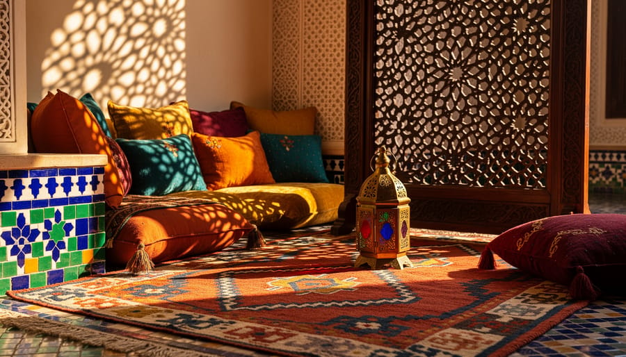 Moroccan living room scene with zellige tiles, a carved wooden screen casting geometric shadows, a brass lantern, a woven kilim rug, and plush jewel-toned cushions.