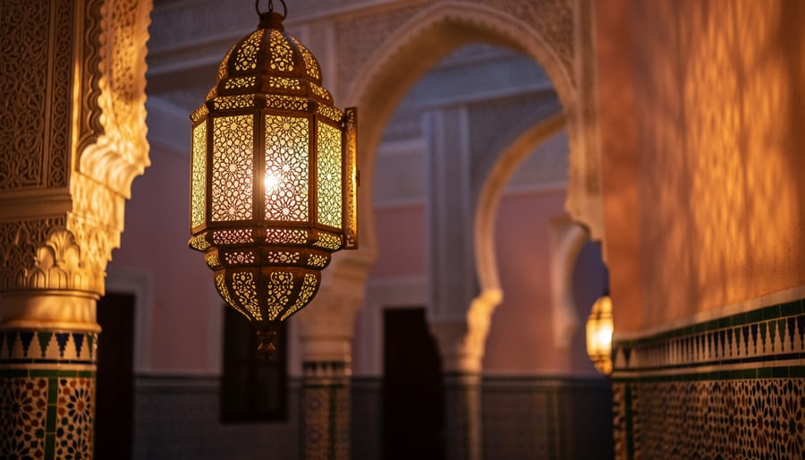 Hanging Moroccan brass and copper lantern glowing near an arched doorway with blurred patterned tiles in the background