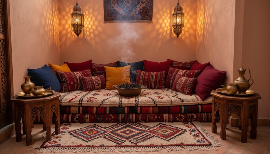 Moroccan living room seating with embroidered cushions, woven rug, and warm lantern light