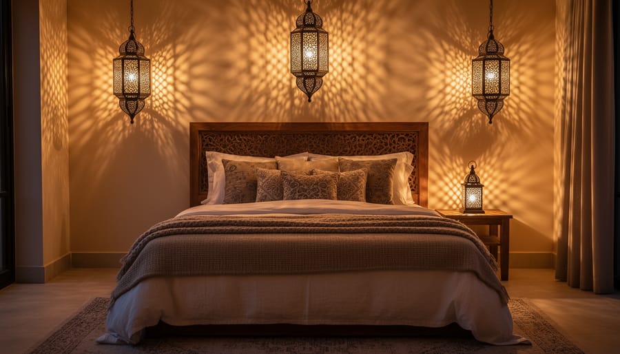 Pierced metal Moroccan lantern casting warm light and shadow patterns over an upholstered bed
