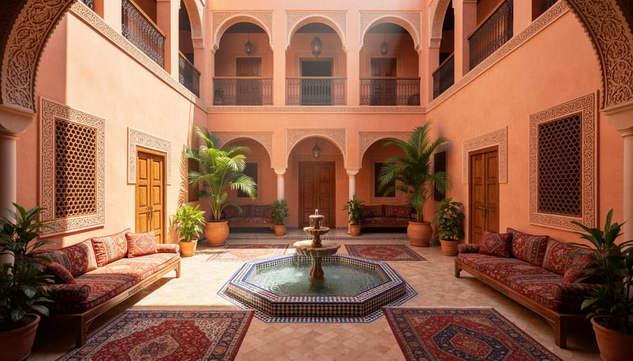 Sunlit Moroccan riad courtyard with arched doorways, carved plaster details, and zellige tiled floor around a reflecting pool