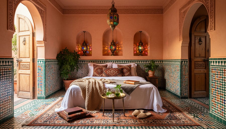 Moroccan riad interior with carved wood arches, zellige tiles, and a brass lantern casting warm light