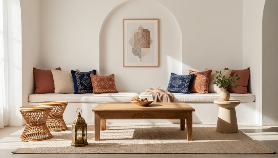 Moroccan-inspired living area with layered patterned textiles, carved wood furniture, and a zellige tile wall accent