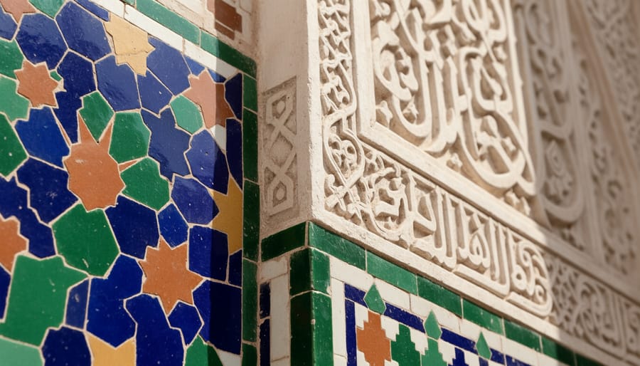 Close-up of Moroccan zellige tilework with geometric patterns and carved stucco texture on a wall