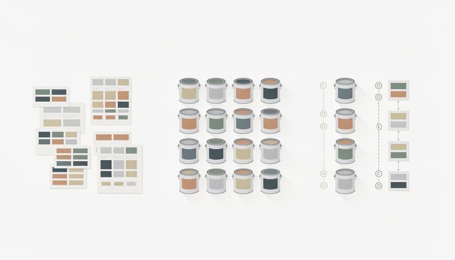 Paint cans stacked neatly beside color-planning supplies on a work surface.