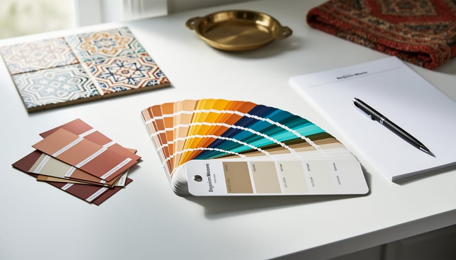Paint swatches and a paint fan deck on a wooden table with natural pigments nearby.