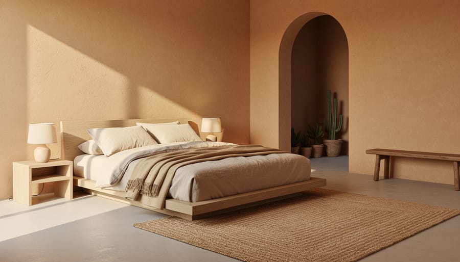 Desert-inspired Moroccan bedroom with low bedding, floor cushions, warm lantern light, and sand-toned textiles