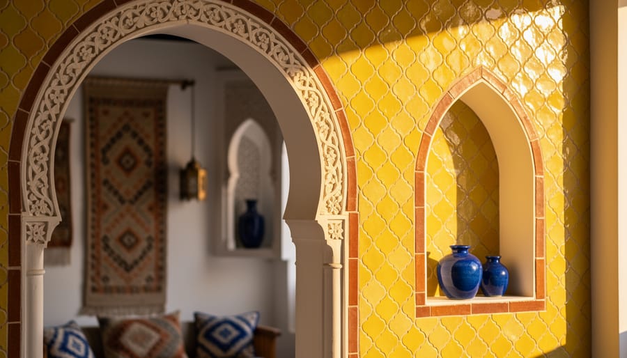 Close-up of sunlit yellow Moroccan zellige tiles in a Moroccan riad interior with arched architectural details and softly blurred blue decor in the background.