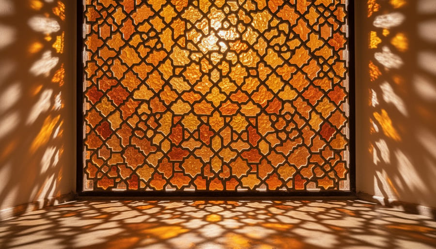 Amber yellow lantern-pattern Moroccan glass tiles with warm backlighting