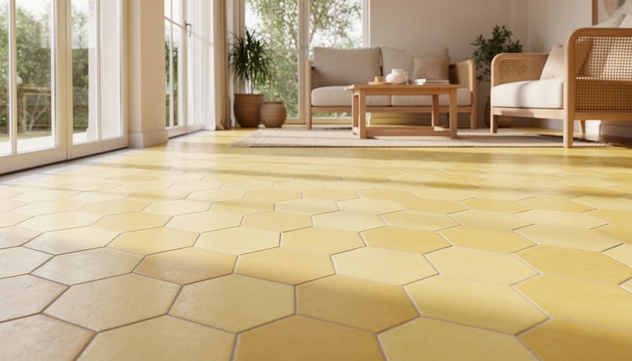 Butter-yellow hexagon Moroccan cement tiles with floral geometric centers on a sunroom floor