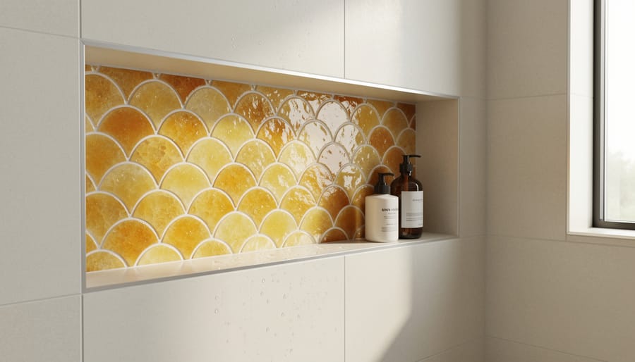 Citrine yellow Moroccan fish scale (scallop) tiles inside a shower niche